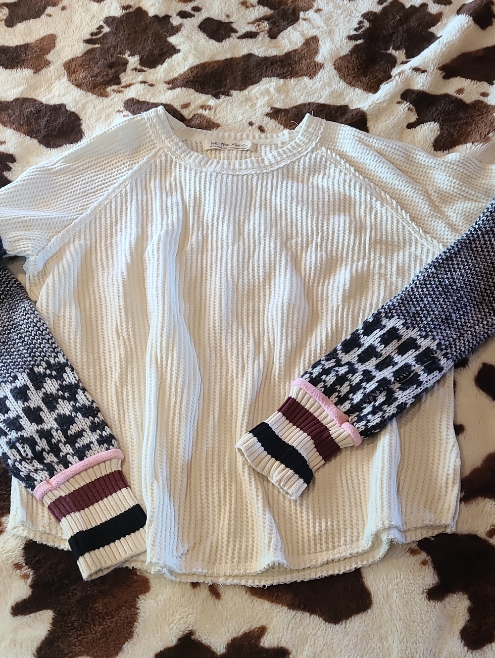 We The Free White Waffle Knit Pullover with Patterned Sleeves